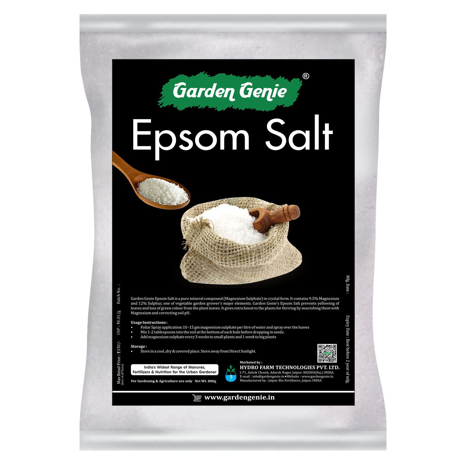 Garden Genie Epsom Salt for Plants - 100% Water Soluble Magnesium Sulphate Fertilizer, 800 Gm