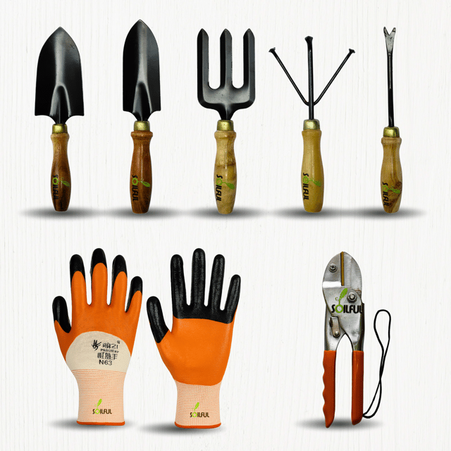 7-in-1 Gardening Tools Set | Heavy Duty Steel Tools with wooden handle for Terrace & Home Garden