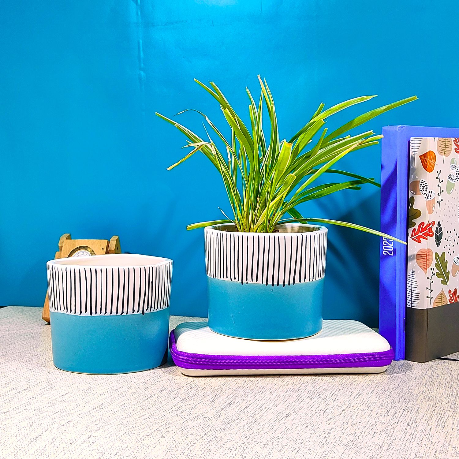 Ceramic Cylindrical Planter Pots |  Blue & Black Top Lining Plant Containers | Indoor & Outdoor Flower Pots (Pack of 2)