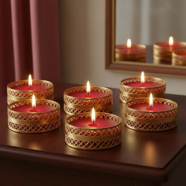 Decorative Golden Tealight Holder with Red Soy Wax Candle