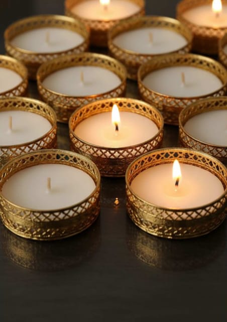 Decorative Golden Tealight Holder with White Soy Wax Candle