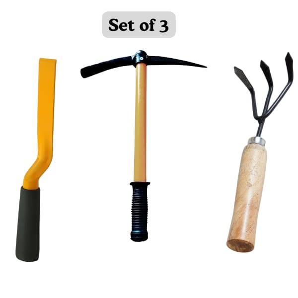 Gardening Tools Combo Set of 3 – Khurpi (1 Inch), Cultivator & Pick Axe