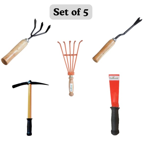 Gardening Tools Combo Set of 5 – Weeder, Rake, Khurpi, Pick Axe & Cultivator