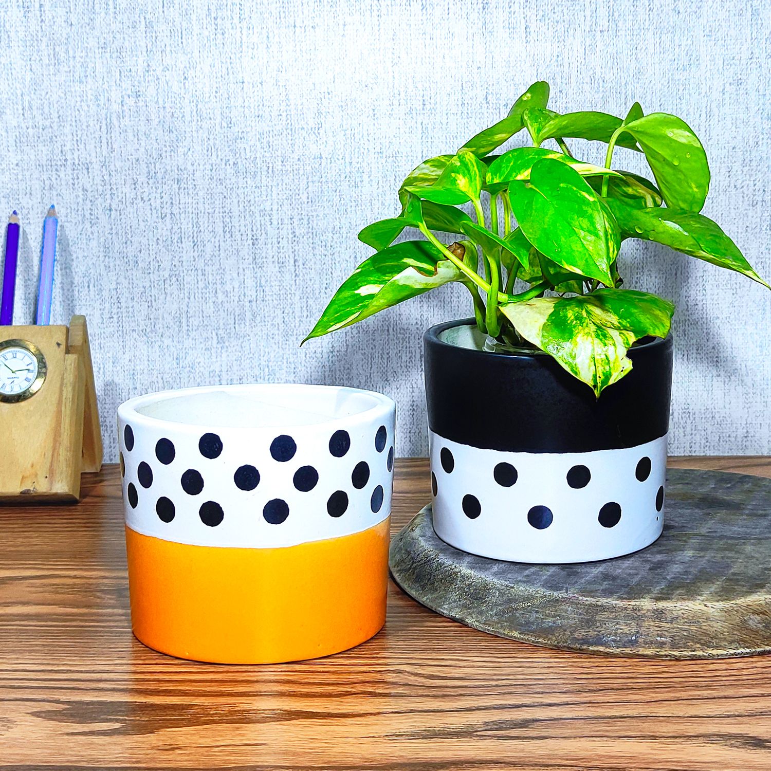Ceramic Cylindrical Planter Pots | Lemon Yellow & Black Dotted Design | Stylish Ceramic Planters for Indoor Plants, Office & Home Décor (Pack of 2)