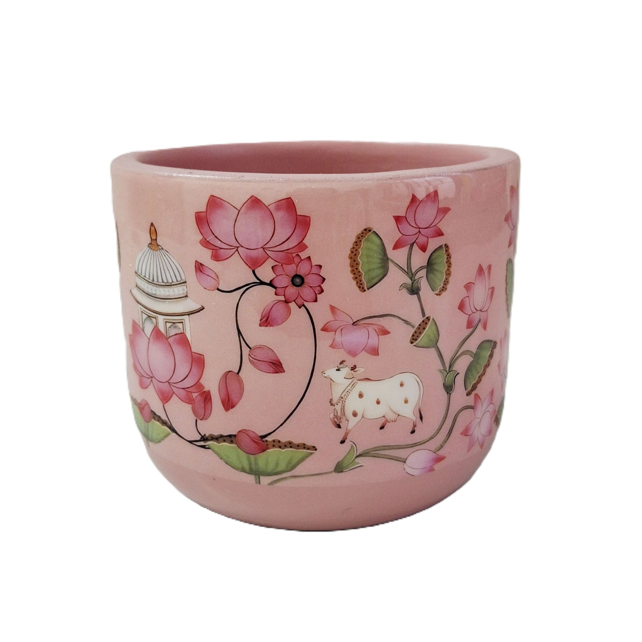 Lotus Flower and Cow Designed Indoor Terracotta Flower Planter (4.5 inches)