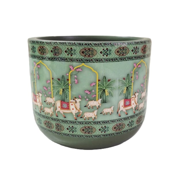 Green Coloured Cow and Plant Designed Terracotta Planter (4.5 inches)