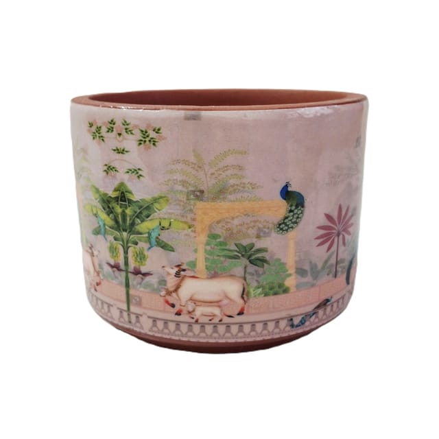 Cow Peacock Design Terracotta Planter (4 Inches)
